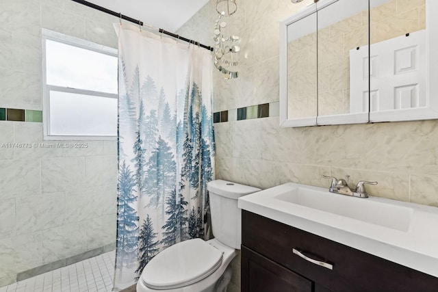 bathroom with toilet, tile walls, and tiled shower