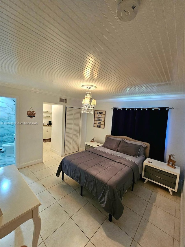 bedroom with light tile patterned floors, ornamental molding, wooden ceiling, and visible vents