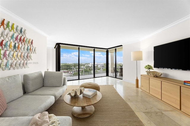 living room with expansive windows, marble finish floor, and ornamental molding