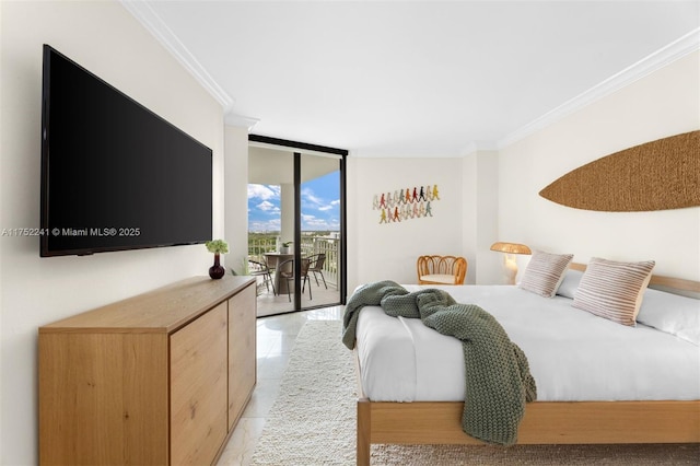 bedroom featuring expansive windows, access to outside, and ornamental molding