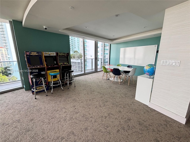 recreation room with a tray ceiling, a wall of windows, a city view, and carpet flooring