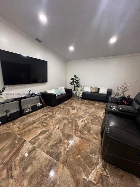 living room with recessed lighting, marble finish floor, visible vents, and crown molding