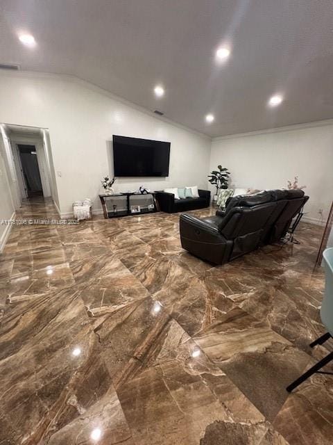 living room featuring lofted ceiling, marble finish floor, visible vents, and baseboards