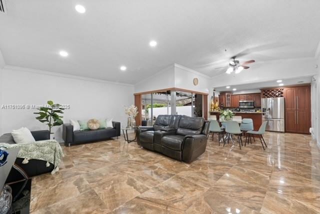 living area with crown molding, a ceiling fan, visible vents, recessed lighting, and marble finish floor