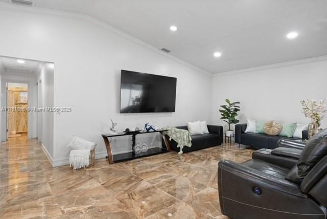 living room featuring crown molding, recessed lighting, marble finish floor, and vaulted ceiling