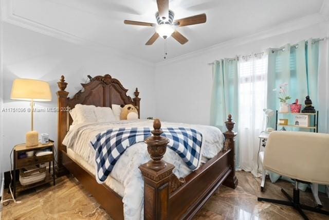 bedroom with crown molding, marble finish floor, and a ceiling fan