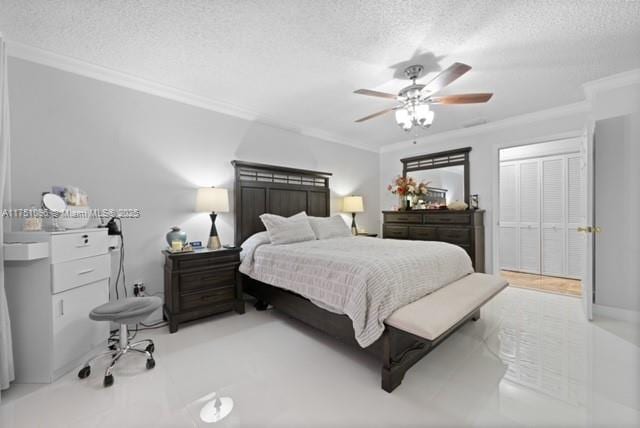 bedroom featuring ornamental molding, a ceiling fan, and a textured ceiling
