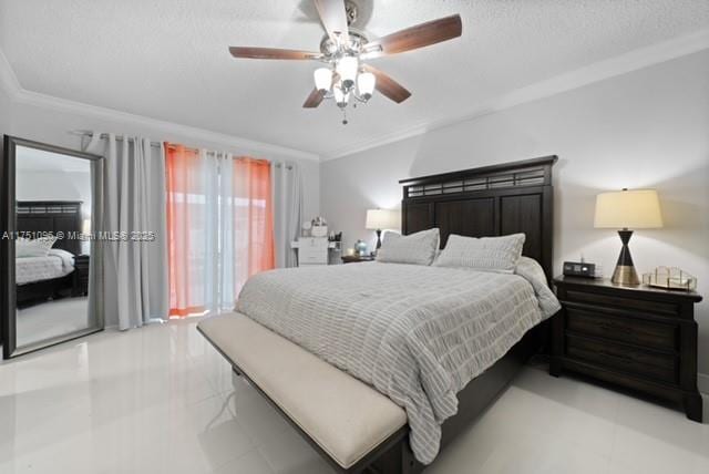 bedroom featuring ornamental molding, ceiling fan, access to outside, and a textured ceiling