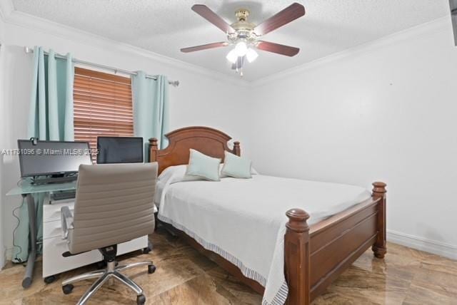 bedroom featuring a textured ceiling, ceiling fan, and ornamental molding