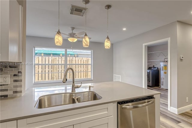 kitchen with a sink, visible vents, white cabinetry, water heater, and stainless steel dishwasher