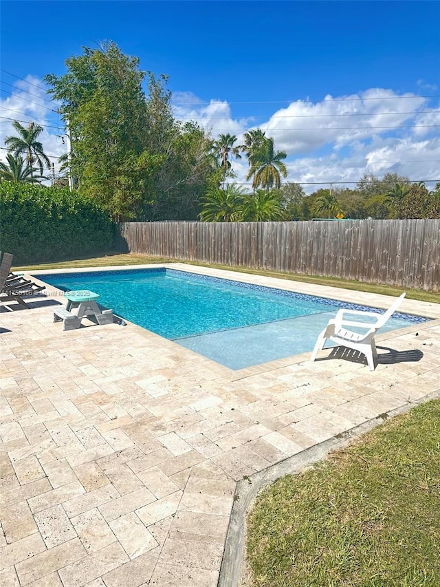 view of swimming pool with a fenced in pool, a fenced backyard, and a patio