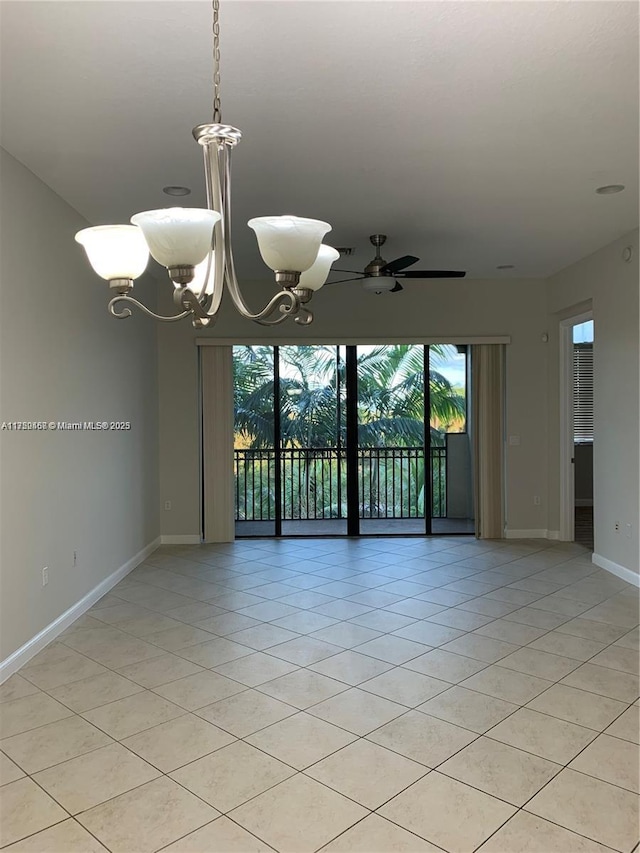 spare room with light tile patterned flooring, baseboards, and ceiling fan with notable chandelier