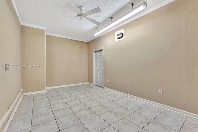 unfurnished room with baseboards, crown molding, a ceiling fan, and a textured ceiling