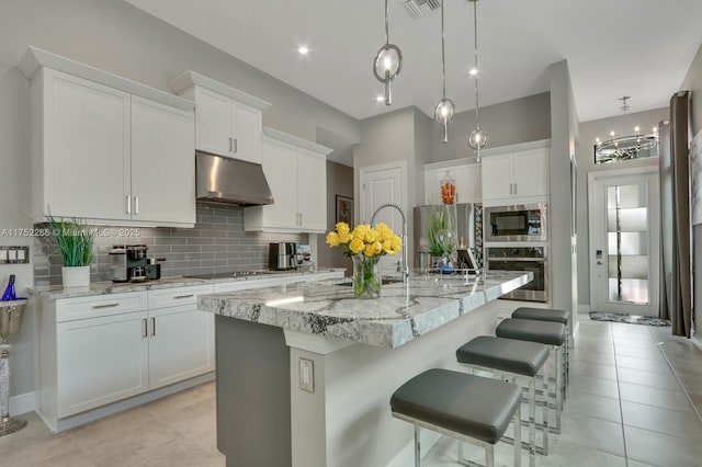 kitchen featuring under cabinet range hood, stainless steel appliances, white cabinetry, tasteful backsplash, and an island with sink