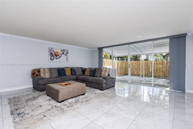 living room featuring expansive windows, a textured ceiling, baseboards, and crown molding