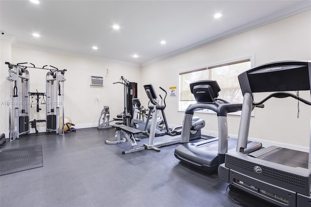 gym with ornamental molding, recessed lighting, a wall mounted air conditioner, and baseboards