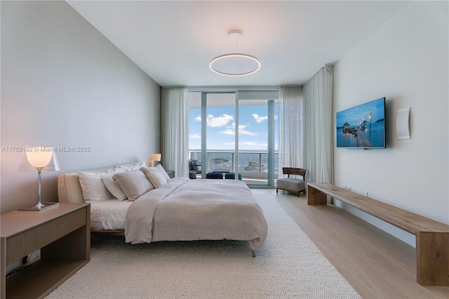 bedroom with expansive windows, wood finished floors, and access to exterior