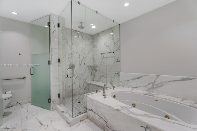 bathroom with a marble finish shower, toilet, marble finish floor, and a whirlpool tub