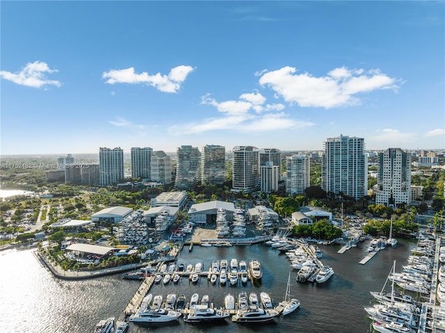 bird's eye view featuring a view of city and a water view