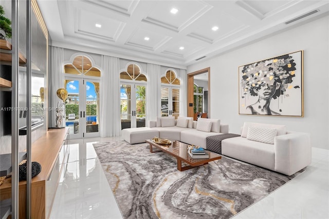 living room featuring french doors, beam ceiling, visible vents, a towering ceiling, and coffered ceiling