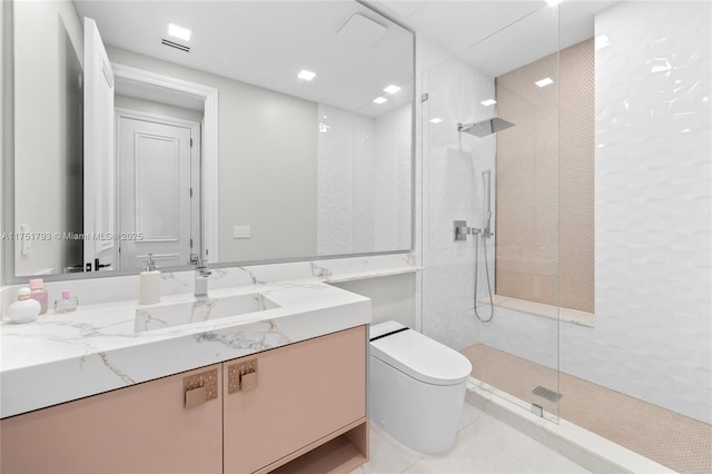 full bath featuring recessed lighting, toilet, vanity, a walk in shower, and tile patterned floors