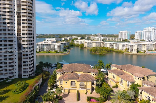 aerial view with a water view and a city view