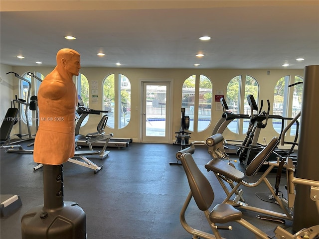 workout area featuring recessed lighting