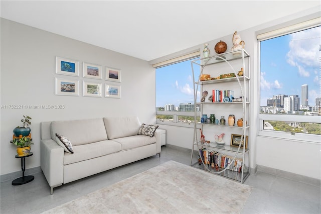 living area featuring a view of city and baseboards