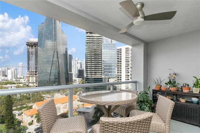 balcony featuring a view of city and ceiling fan