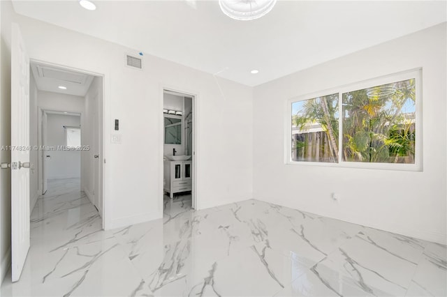 unfurnished bedroom featuring recessed lighting, visible vents, marble finish floor, and baseboards