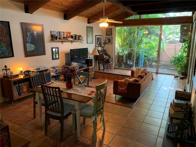 tiled living area with a ceiling fan, wood ceiling, and vaulted ceiling with beams