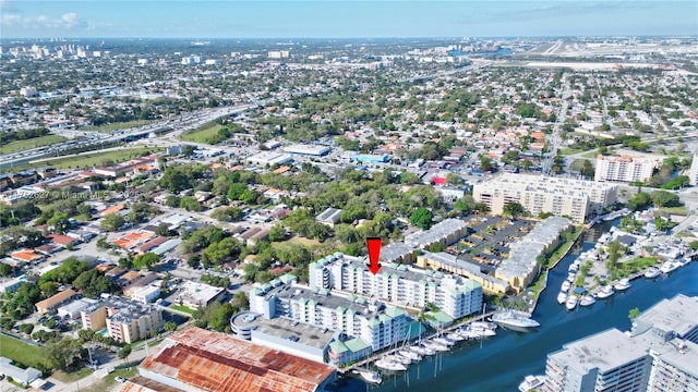 bird's eye view with a water view and a city view