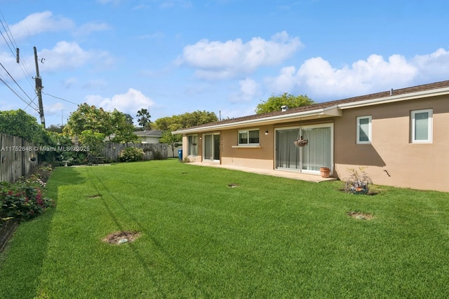 rear view of property featuring a fenced backyard, a yard, and stucco siding