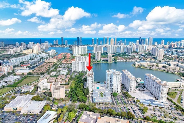 drone / aerial view featuring a view of city and a water view