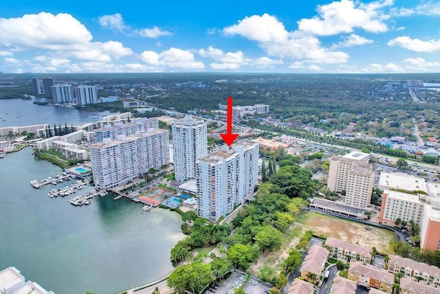 aerial view with a water view and a city view