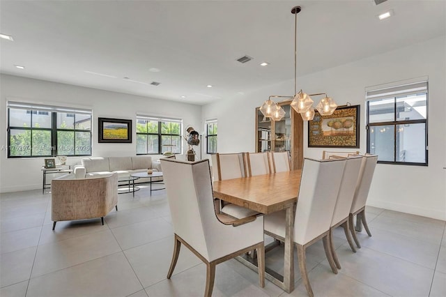 dining area featuring recessed lighting, visible vents, baseboards, and light tile patterned floors