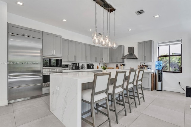 kitchen with a center island with sink, visible vents, hanging light fixtures, wall chimney range hood, and built in appliances