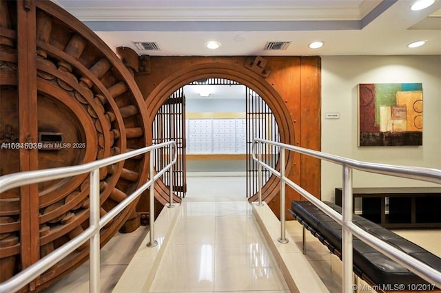 111 E Flagler St Unit 704, Miami, FL 33131 - hall featuring recessed lighting, visible vents, mail area, and light tile patterned floors