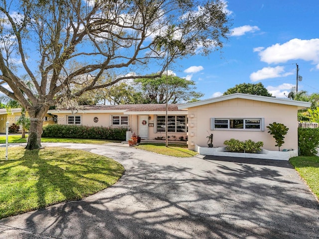 ranch-style house featuring stucco siding, curved driveway, and a front yard