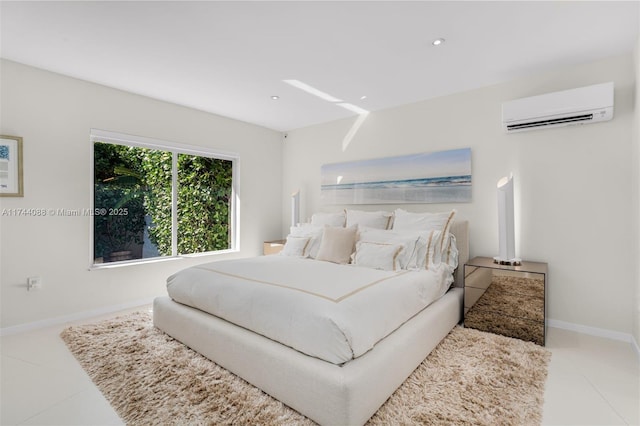 bedroom with recessed lighting, light tile patterned floors, baseboards, and a wall mounted AC