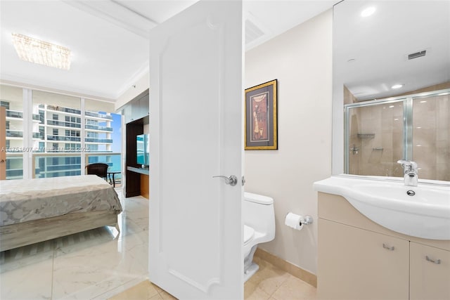 1830 S Ocean Dr Unit 3708, Hallandale Beach, FL 33009 - ensuite bathroom featuring a shower stall, toilet, baseboards, and vanity