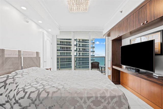 1830 S Ocean Dr Unit 3708, Hallandale Beach, FL 33009 - bedroom with ornamental molding, floor to ceiling windows, a chandelier, and recessed lighting