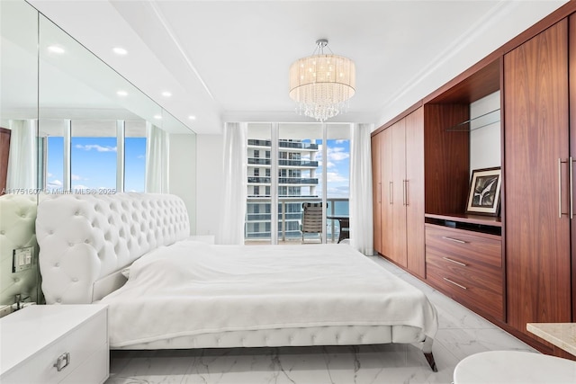 1830 S Ocean Dr Unit 3708, Hallandale Beach, FL 33009 - bedroom featuring multiple windows, recessed lighting, a wall of windows, light marble finish floors, and a chandelier