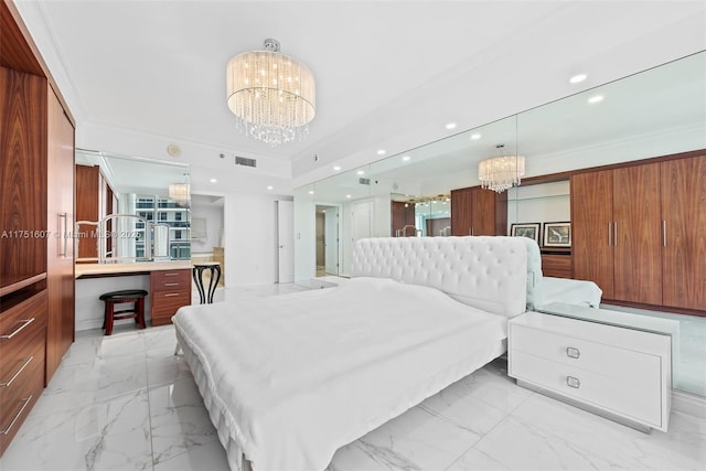 1830 S Ocean Dr Unit 3708, Hallandale Beach, FL 33009 - bedroom featuring a chandelier, light marble finish floors, and recessed lighting