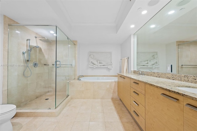 1830 S Ocean Dr Unit 3708, Hallandale Beach, FL 33009 - bathroom featuring a shower stall, a garden tub, tile patterned floors, recessed lighting, and double vanity
