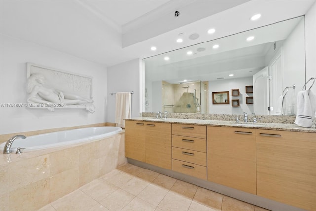1830 S Ocean Dr Unit 3708, Hallandale Beach, FL 33009 - full bath with a stall shower, a bath, double vanity, recessed lighting, and tile patterned flooring