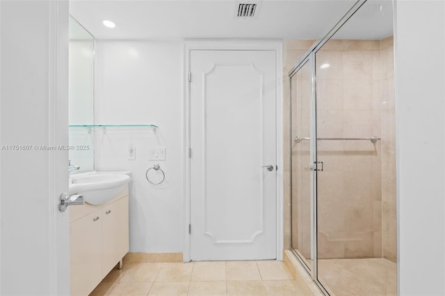 1830 S Ocean Dr Unit 3708, Hallandale Beach, FL 33009 - bathroom with a stall shower, tile patterned floors, vanity, recessed lighting, and baseboards