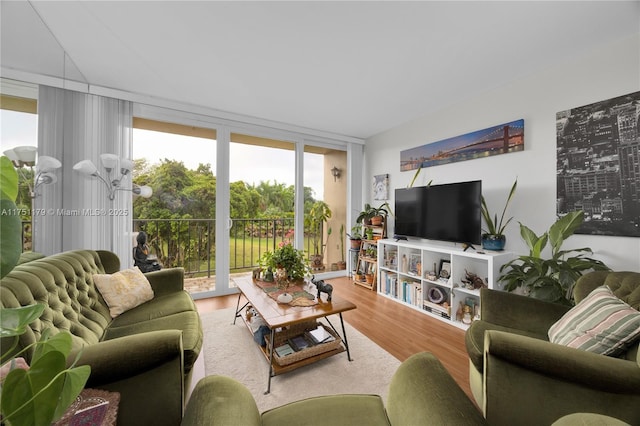 living room with a wall of windows and wood finished floors