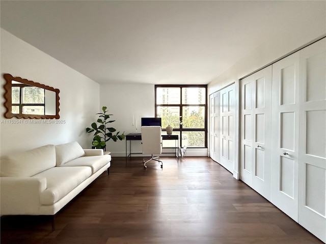 office space featuring floor to ceiling windows and dark wood finished floors