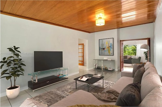 living area with wooden ceiling, light tile patterned floors, baseboards, and crown molding